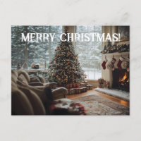 Gezellige kamer Kerstmis ,Open haard, boom en kous