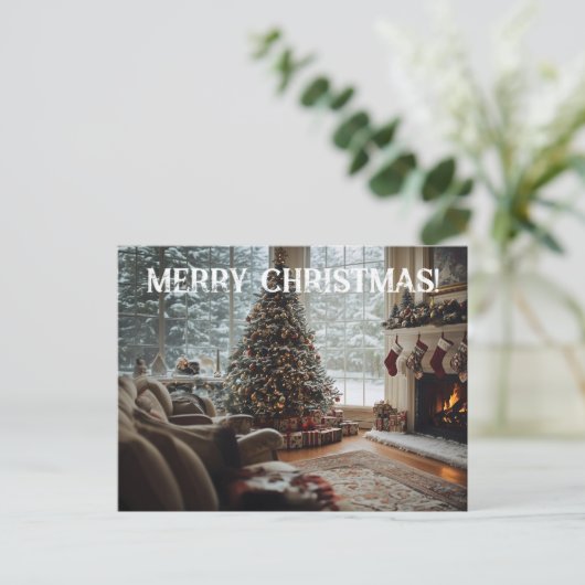 Gezellige kamer Kerstmis ,Open haard, boom en kous Briefkaart (Staand voorkant)