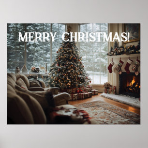 Gezellige kamer Kerstmis ,Open haard, boom en kous Poster