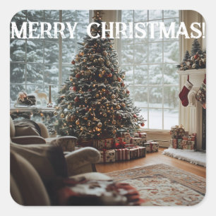 Gezellige kamer Kerstmis ,Open haard, boom en kous Vierkante Sticker