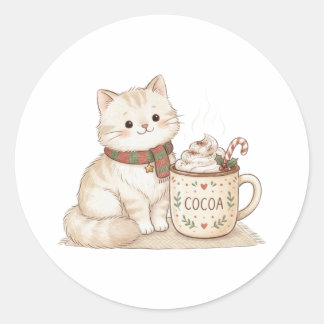 Gezellige kat en warme chocolademelk Kerststicker Ronde Sticker