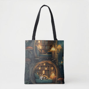 Gezellige kat in een magische boomhutbibliotheek draagtas