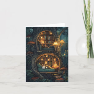 Gezellige kat in een magische boomhutbibliotheek feestdagen kaart