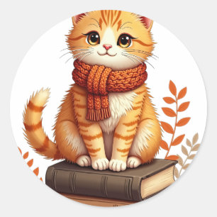 Gezellige kattenleeshoek - herfst aquarel kunst vo ronde sticker
