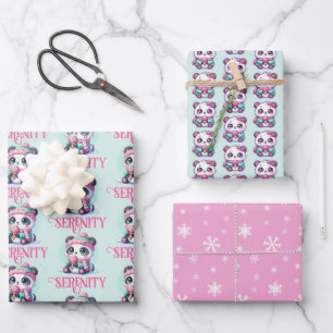 Gezellige Kawaii Panda met Ice Cream Cone Winter Inpakpapier Vel