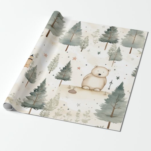 Gezellige kerst: Beige en witte Waterverf Beer Cadeaupapier (Uitgerold)