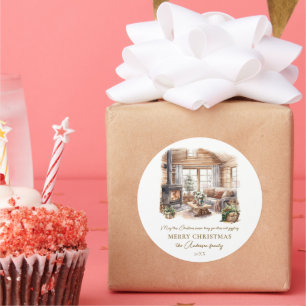 Gezellige kerst huis open haard gepersonaliseerd ronde sticker