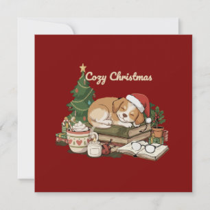 Gezellige Kerst Slapende Puppy & Boeken Vintage Feestdagenkaart