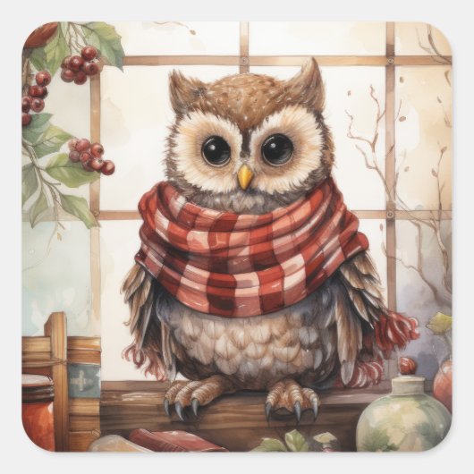 Gezellige kerst Uil Hartverwarmende Winter Leuke U Vierkante Sticker (Voorkant)