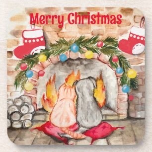 Gezellige kerstmantel met hond en kat bier onderzetter