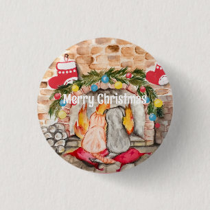 Gezellige kerstmantel met hond en kat ronde button 3,2 cm