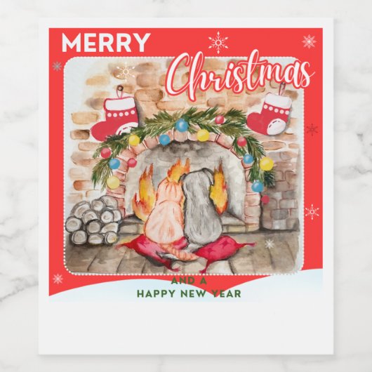 Gezellige kerstmantel met hond en kat wijn etiket (Enkel label)