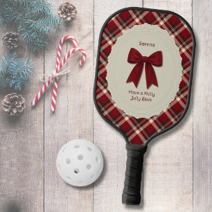 Gezellige Kerstmis Rode Schotse Ruit en Strik Pick Pickleball Paddle