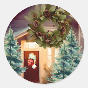 Gezellige kerstscène sparrenbomen ronde sticker