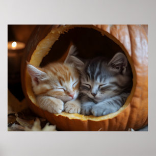 Gezellige Kittens Snuggle in een pompoen Poster