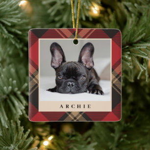 Gezellige Klassieke Rode Zwarte Geruite Foto Kerst Keramisch Ornament