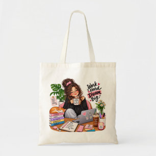 Gezellige koffie studerende meid – Werk hard, droo Tote Bag