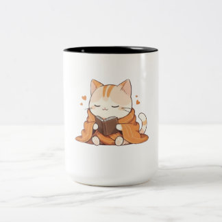 Gezellige Leescat Kawaii Boekenwurm Kitten Ontwerp Tweekleurige Koffiemok