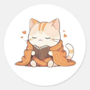 Gezellige Lezende Kat Kawaii Boekenwurm Kitten Ont Ronde Sticker