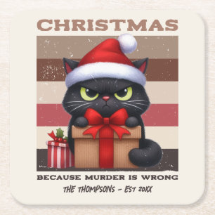 Gezellige Mocha Mousse Grappige Kat Retro Kerstmis Vierkante Kartonnen Onderzetter
