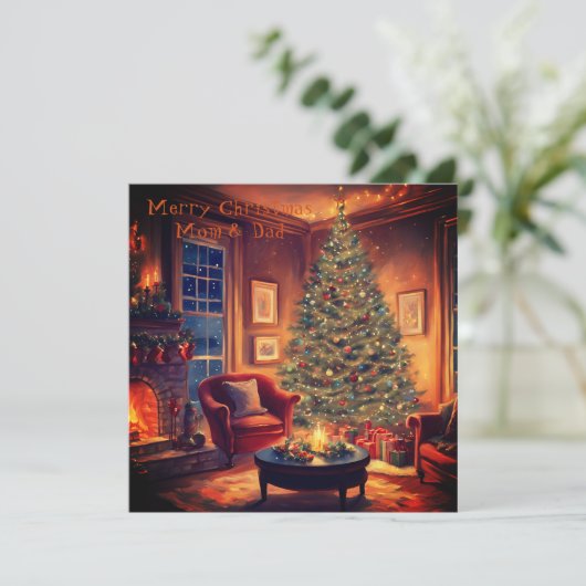 Gezellige open haard en kerstboom | Mam en pap Feestdagenkaart (Staand voorkant)