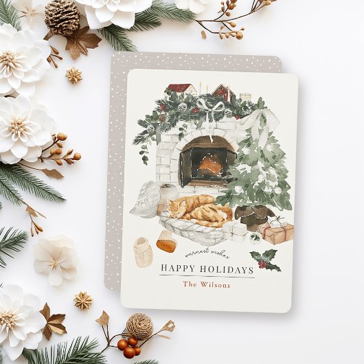 Gezellige open haard kerstboom kat Waterverf Feestdagenkaart