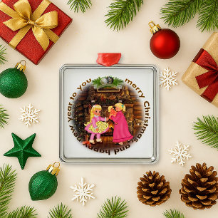 Gezellige Open Haard Meisjes Roze Kerstscène Metalen Ornament