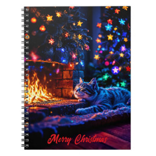 Gezellige open haard schattige kat Vrolijk kerstfe Notitieboek