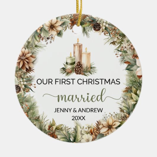 Gezellige pastelgroene en beige kerstkaarsen keramisch ornament (Voorkant)