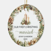 Gezellige pastelgroene en beige kerstkaarsen keramisch ornament (Links)