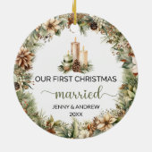 Gezellige pastelgroene en beige kerstkaarsen keramisch ornament (Achterkant)