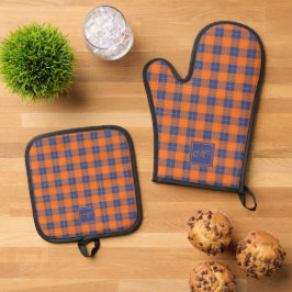 Gezellige Pompoen Sinaasappel Blauwe Tartan Plaid  Ovenwant & Pannenlap Set