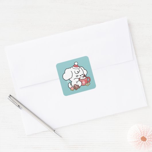 Gezellige Puppy Dromen - Warme Chocolade en Kerstm Vierkante Sticker (Envelop)