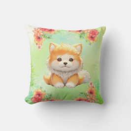 Gezellige puppy met bloeiende bloemen Waterverf ku Kussen