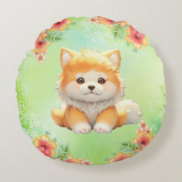 Gezellige puppy met bloeiende bloemen Waterverf ku Rond Kussen