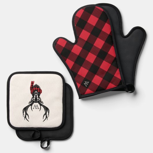 Gezellige Red & Black Buffalo Plaid Herten Monogra Ovenwant & Pannenlap Set (Voorkant / Achterkant)