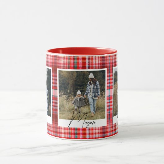 Gezellige rode en witte geruite stof Familiefoto's Mok (Midden)