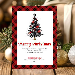 Gezellige rode zwarte tartan kerstboom groet feestdagenkaart