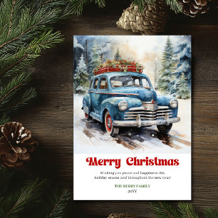 Gezellige rustieke kerstscene oude auto feestdagenkaart