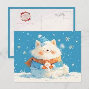 Gezellige Samoyed Hond met Mini Sneeuwman Briefkaart