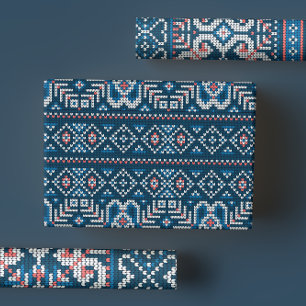 Gezellige Scandinavische Blauwe & Perzik Winter Tr Inpakpapier Vel