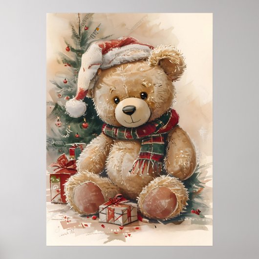 Gezellige teddybeer met kerstmuts en kerstboom poster (Voorkant)
