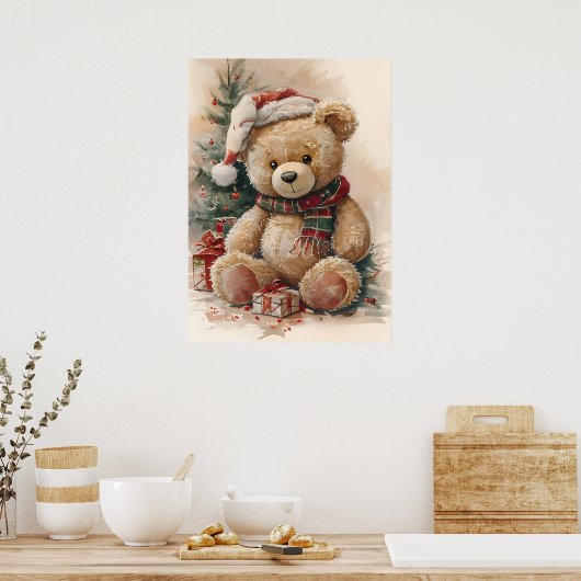 Gezellige teddybeer met kerstmuts en kerstboom poster (Keuken)