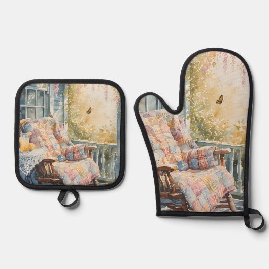 Gezellige veranda met quilt en limonade charme ovenwant & pannenlap set (Voorkant)