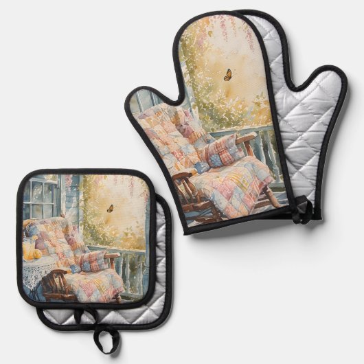 Gezellige veranda met quilt en limonade charme ovenwant & pannenlap set (Voorkant / Achterkant)