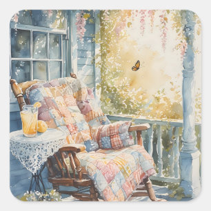 Gezellige veranda met quilt en limonade charme vierkante sticker