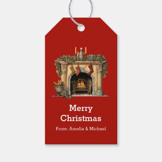 Gezellige Victoriaans open haard kerst Cadeaulabel (Voorkant)