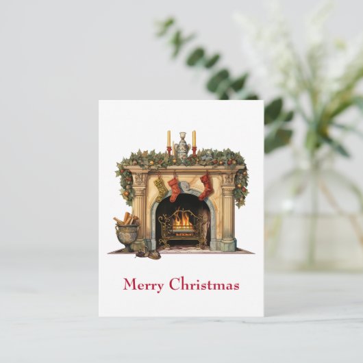 Gezellige Victoriaans open haard kerst Feestdagenkaart (Staand voorkant)