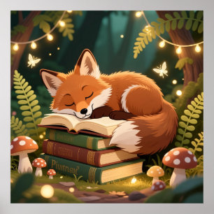 Gezellige Vos die Slaapt op Boeken Whimsical Bos L Poster