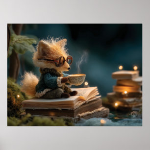 Gezellige Vos Leest Boek en Drinkt Thee Poster